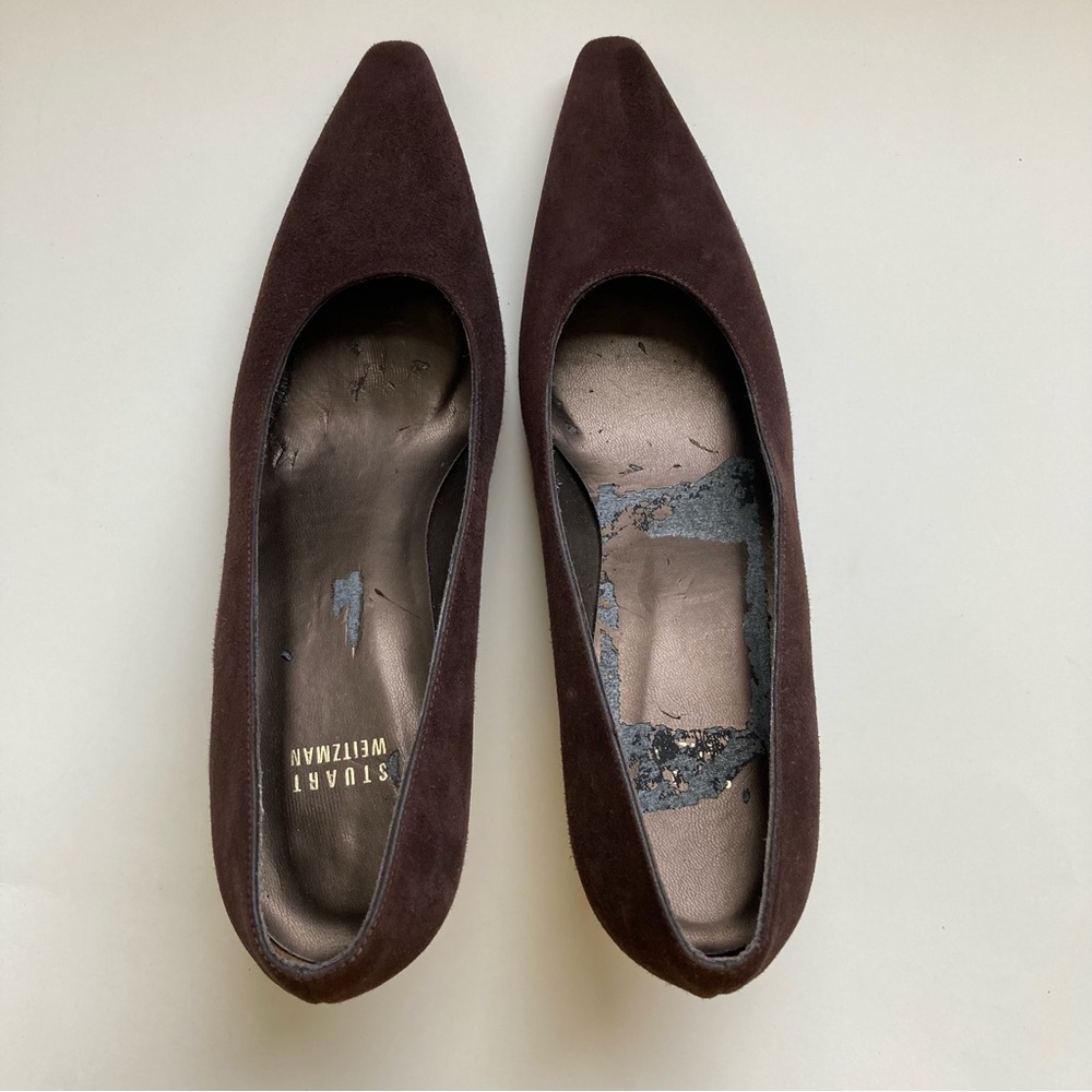 Stuart Weitzman Cola Brown Suede Leather Soled Pointed Toe Kitten Heel Pumps 8.5 - Picture 11 of 14
